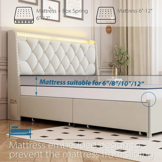 Beige Queen Size Bed Frame with 4 Drawers & Storage Headboard