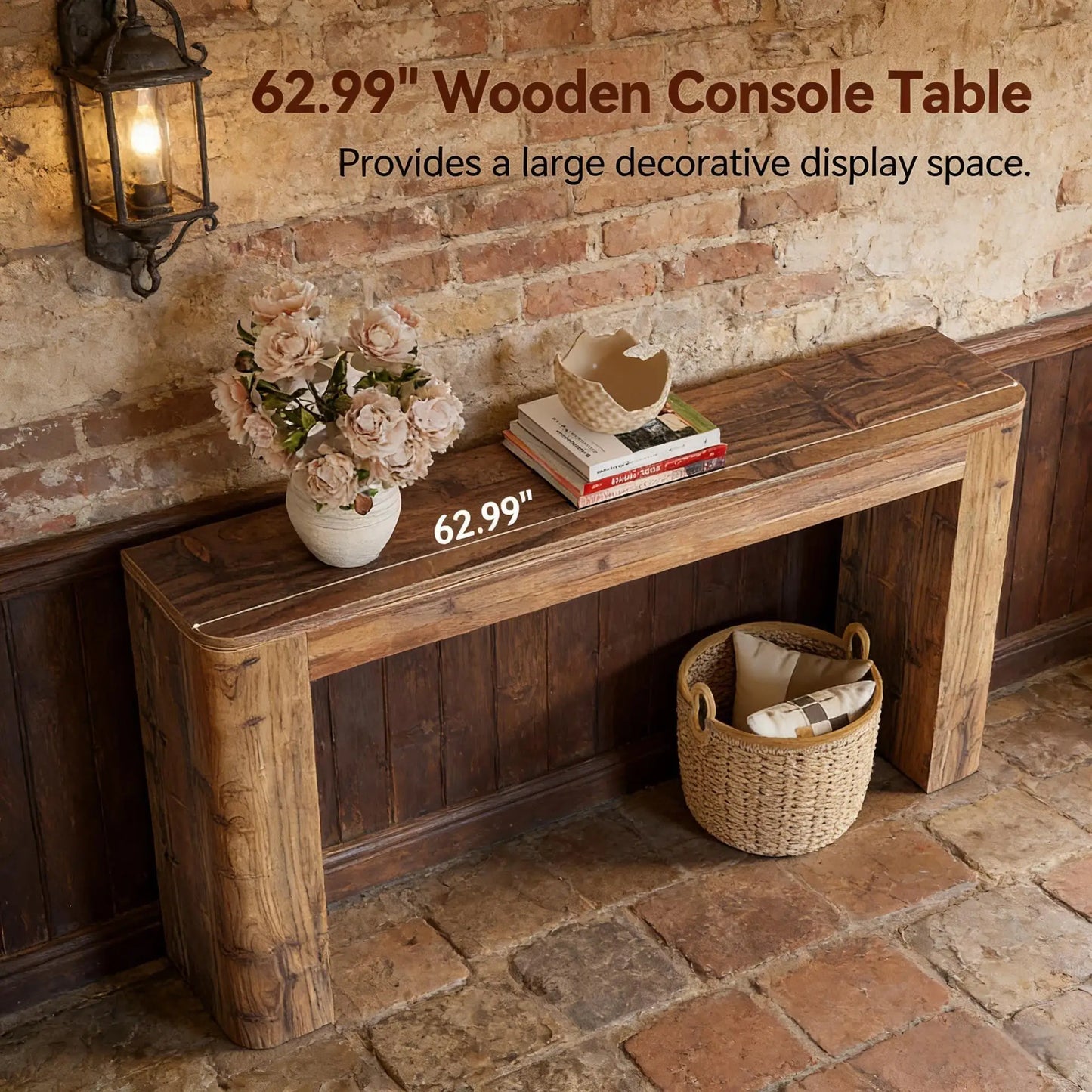 63 Inch Solid Wood Entryway/Sofa Table with Storage Shelf