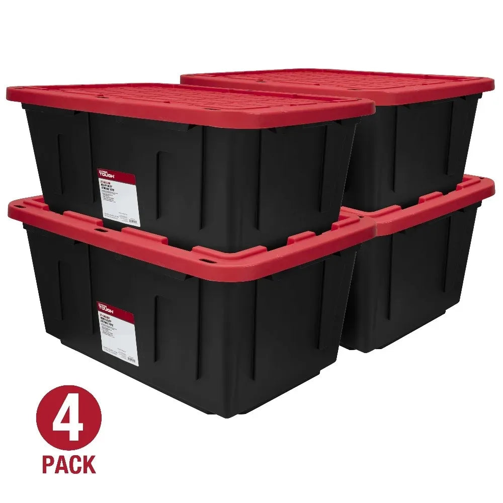 (6 pack/ 4pack) Hyper Tough 27 Gallon Large Storage Bin, 27 Gallon Plastic Storage Container with Snap-On Lid, Black and Red