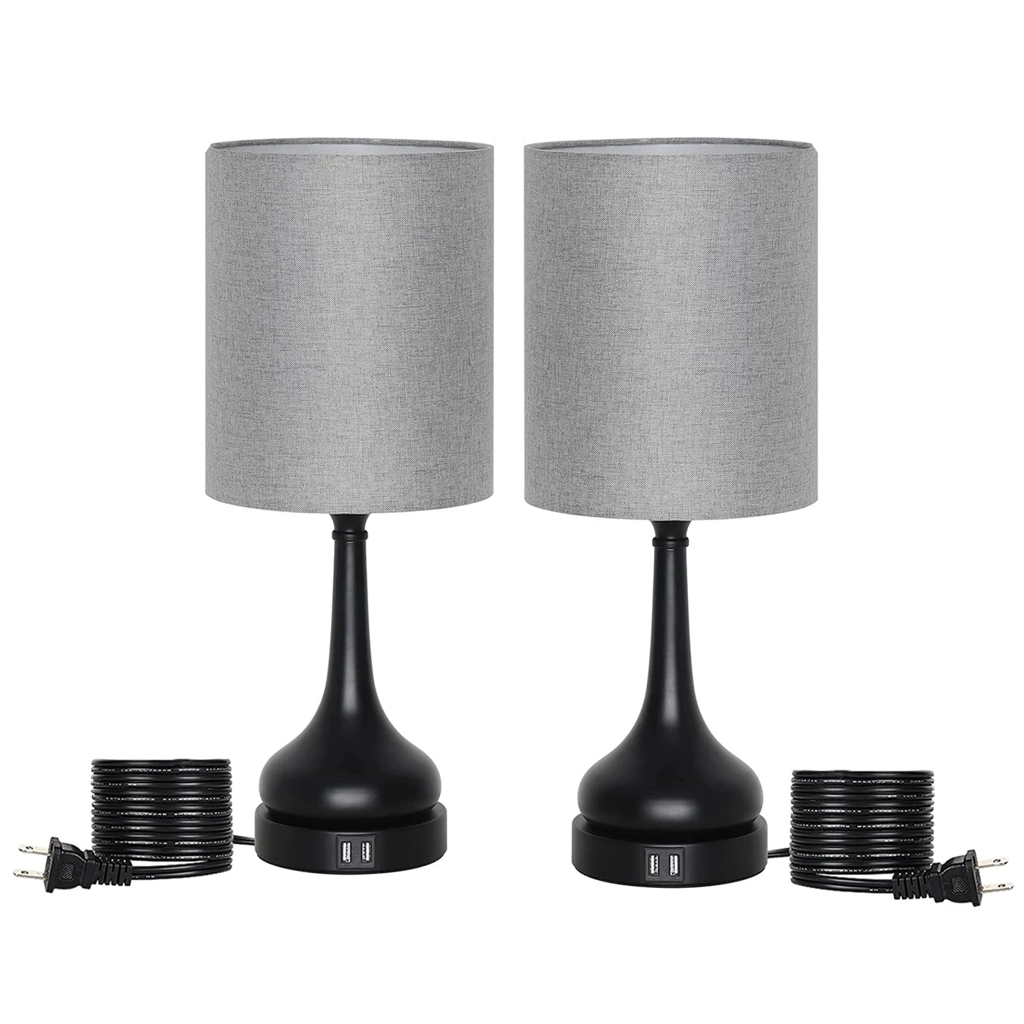 Set of 2 Table Lamps with Touch Control and USB Charging Ports