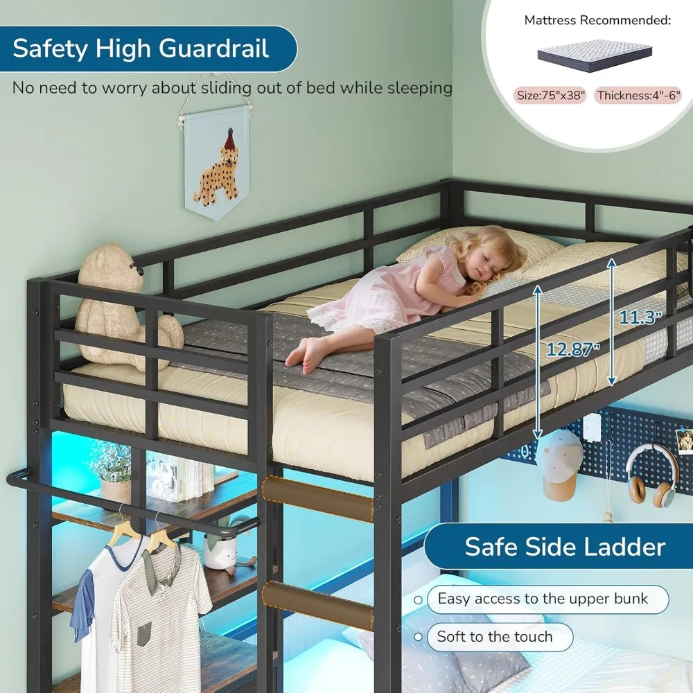 Twin Over Full Bunk Bed with LED Lights, Charging Station, 4 Drawers & Bookshelf