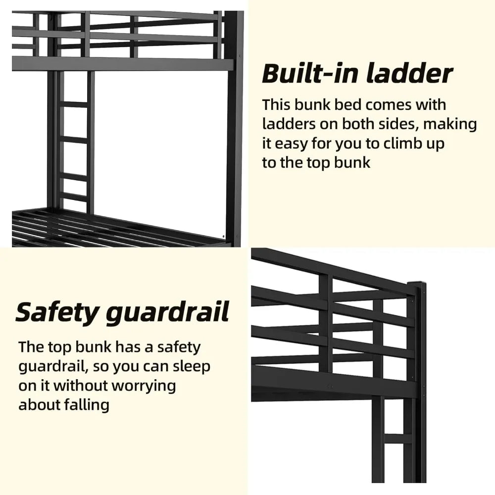 Heavy Duty Queen Over Queen Bunk Bed Frame, 400/600LB Capacity, Noise-Free Steel Slats, Black