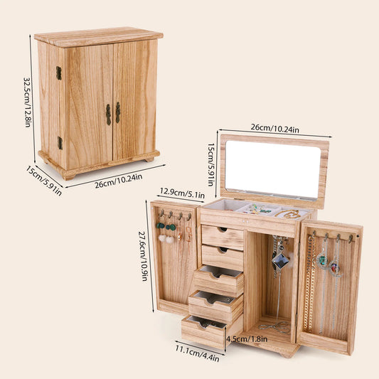 Elegant 5-Layer Wood Jewelry Organizer with Built-In Mirror