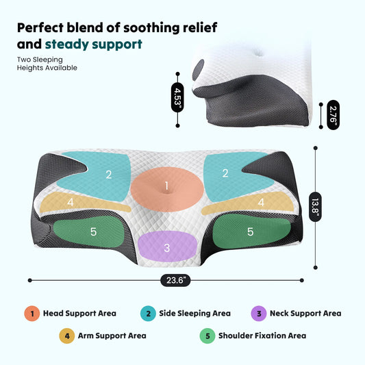 Ergonomic 23.6" x 13.8" Wide Cervical Neck Pillow Memory Foam Pillow with Cooling Pillowcase Cervical Contour Pillows