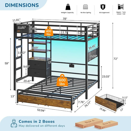 Twin Over Full Bunk Bed with LED Lights, Charging Station, 4 Drawers & Bookshelf