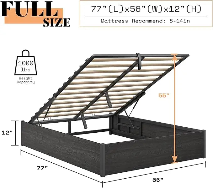 Lift Up Storage Bed, King/Queen/Full Bed Frame with Storage Underneath