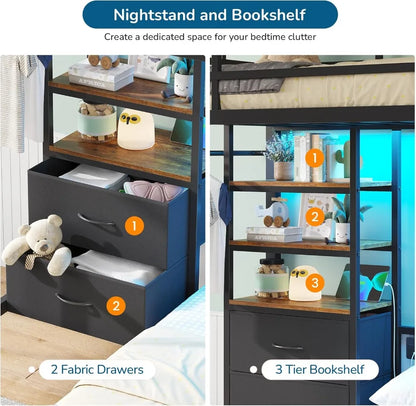 Twin Over Full Bunk Bed with LED Lights, Charging Station, 4 Drawers & Bookshelf
