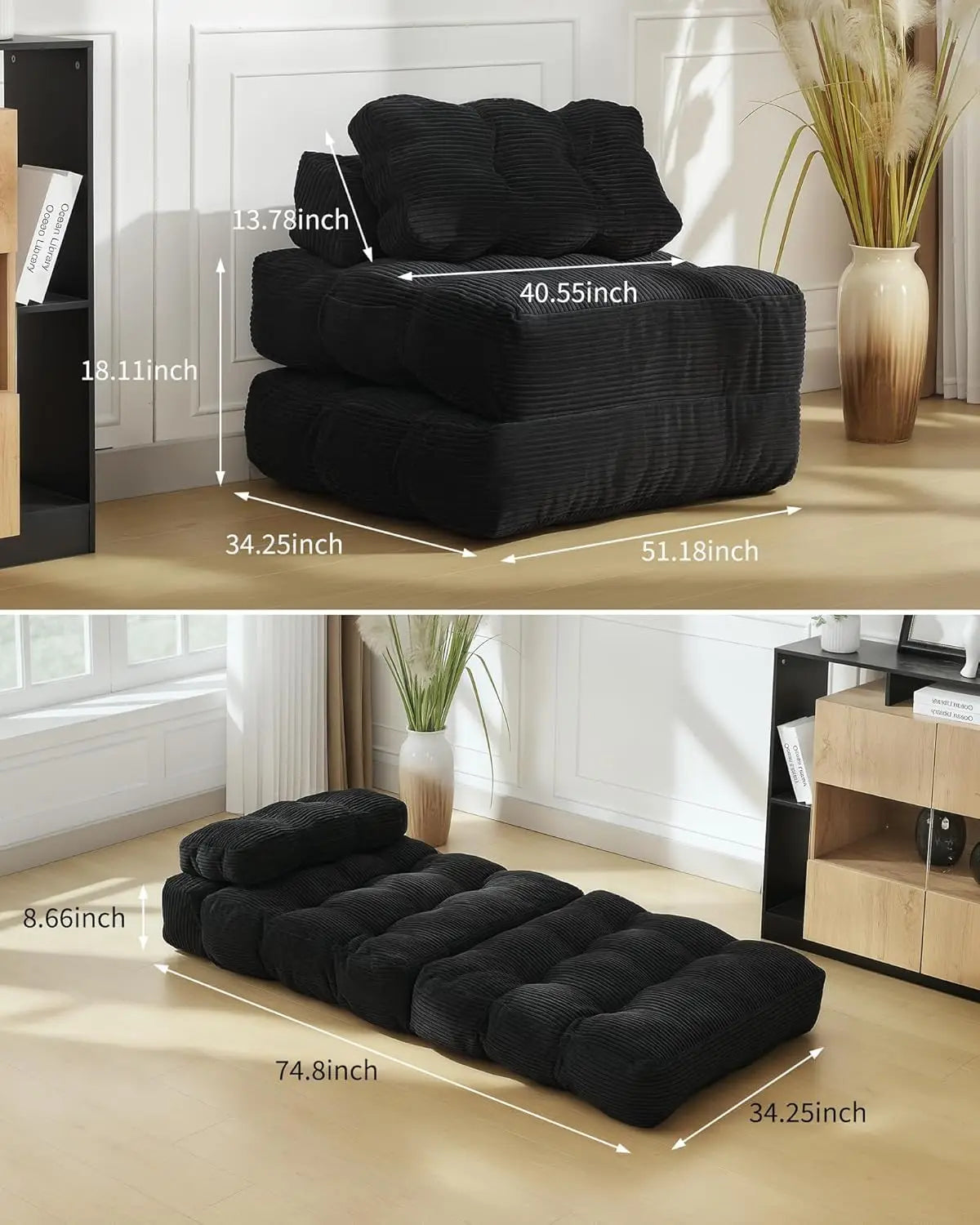 3-in-1 34" Folding Sofa Bed with Pillow Boneless Mattress with Back Support Comfy Portable Convertible Sleeper Chair Floor Sofa