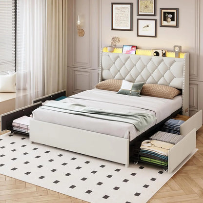 Beige Queen Size Bed Frame with 4 Drawers & Storage Headboard