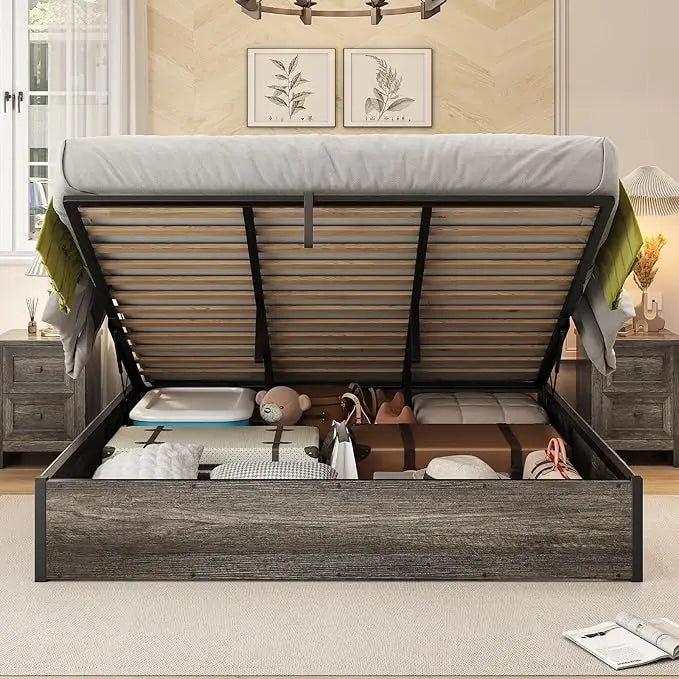 Lift Up Storage Bed, King/Queen/Full Bed Frame with Storage Underneath