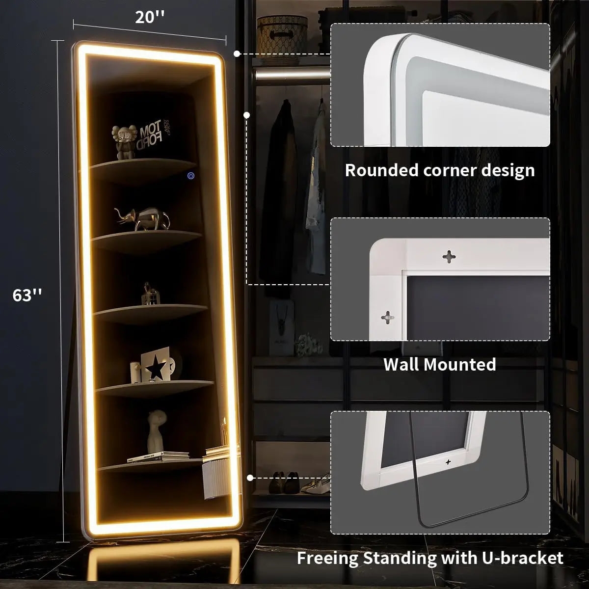 63"x20" Full Length Mirror with Dimmable LED Lights