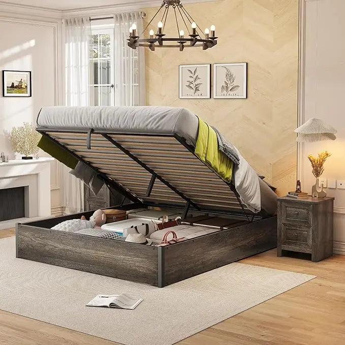 Lift Up Storage Bed, King/Queen/Full Bed Frame with Storage Underneath