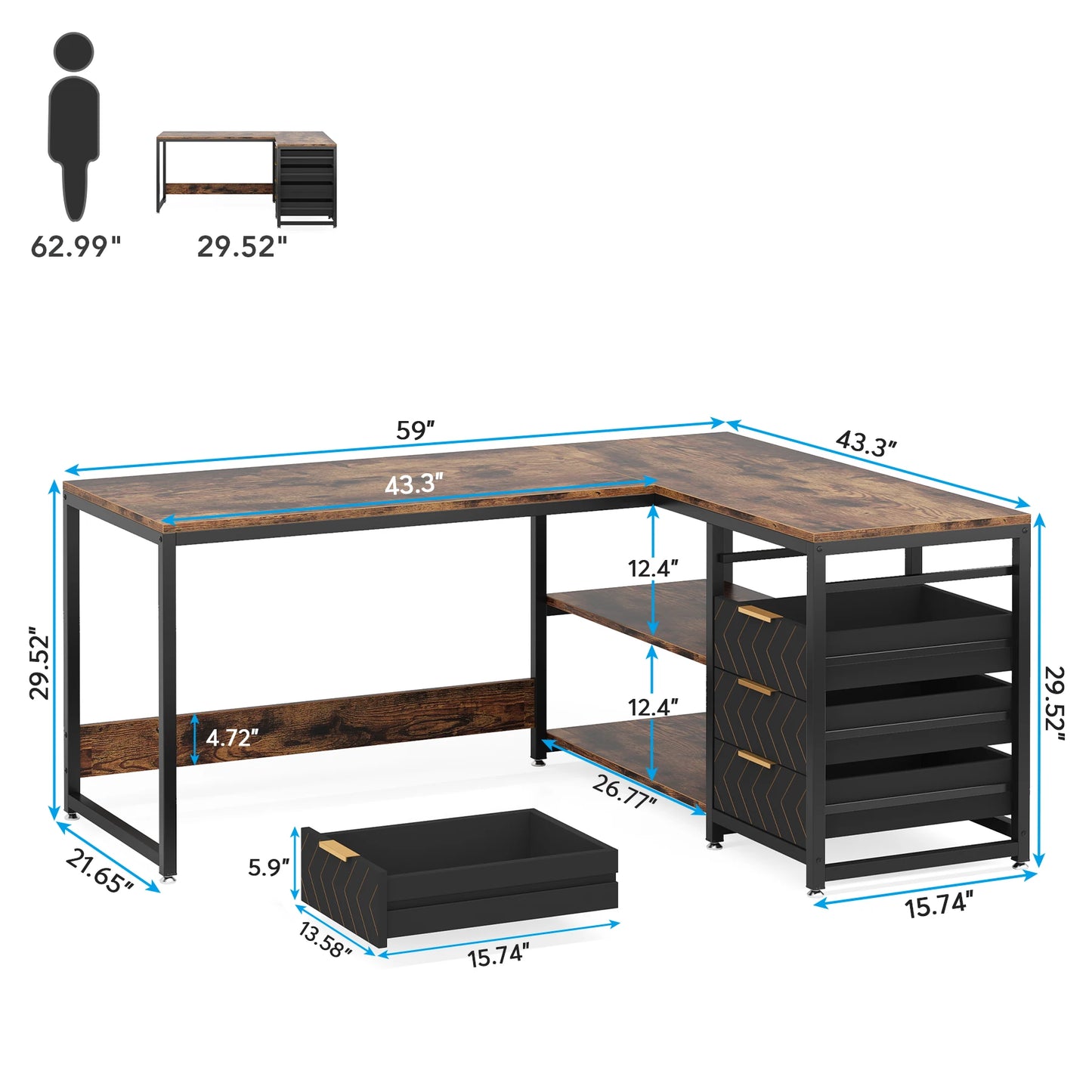 L-Shaped Computer Desk with Storage Drawer and Shelves