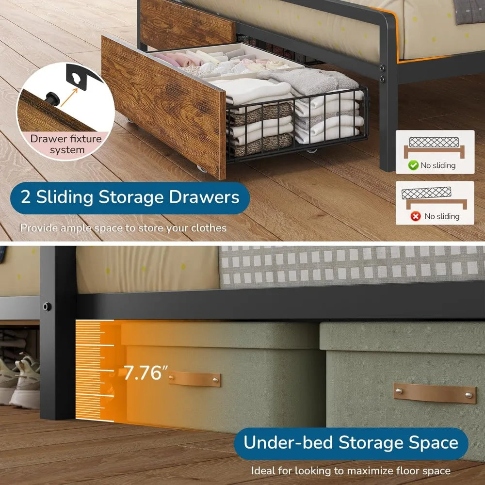 Twin Over Full Bunk Bed with LED Lights, Charging Station, 4 Drawers & Bookshelf