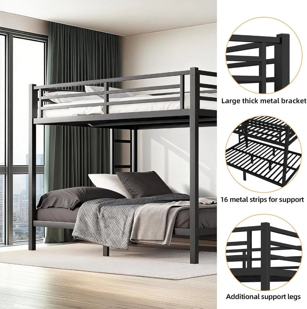 Heavy Duty Queen Over Queen Bunk Bed Frame, 400/600LB Capacity, Noise-Free Steel Slats, Black