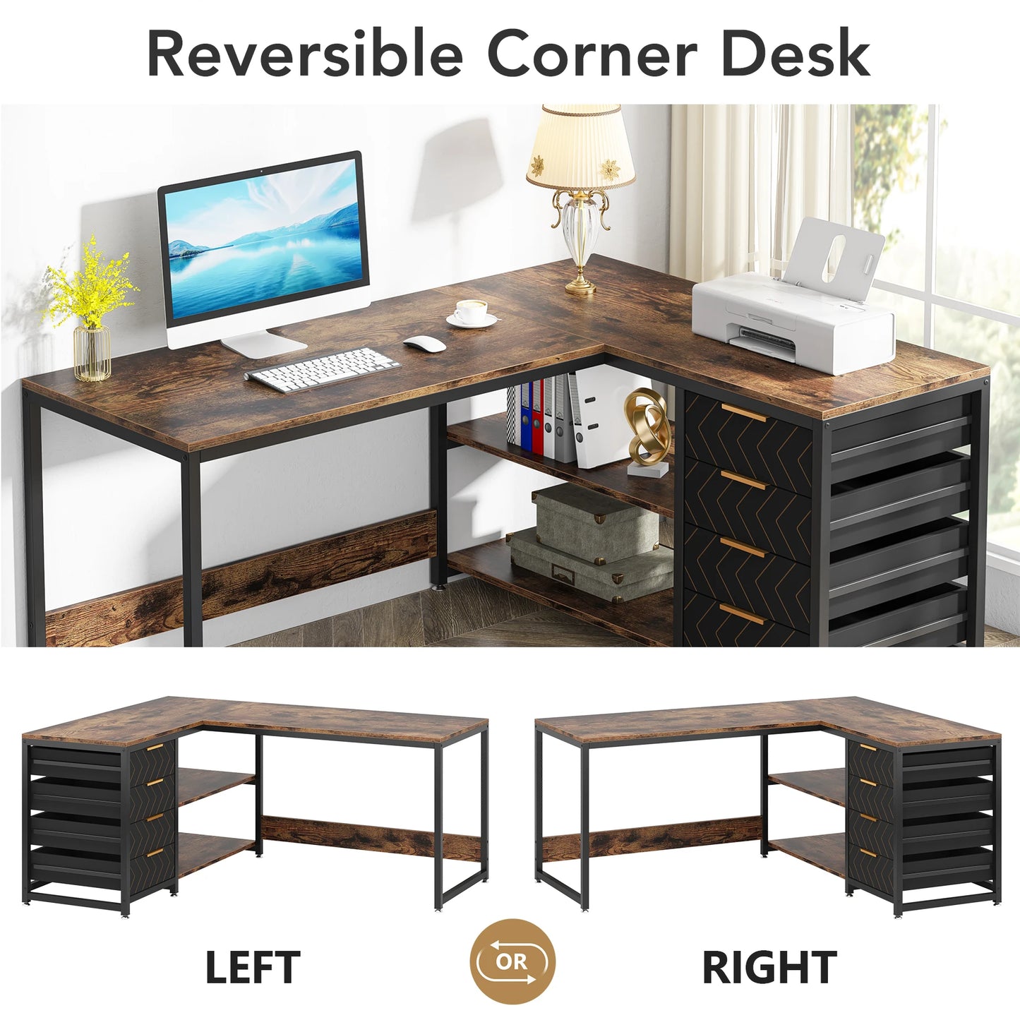 L-Shaped Computer Desk with Storage Drawer and Shelves