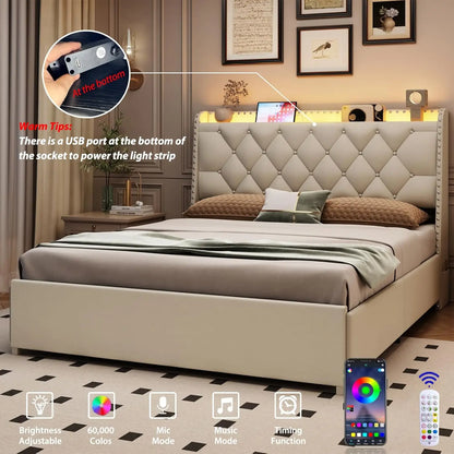 Beige Queen Size Bed Frame with 4 Drawers & Storage Headboard