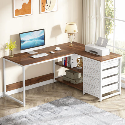 L-Shaped Computer Desk with Storage Drawer and Shelves