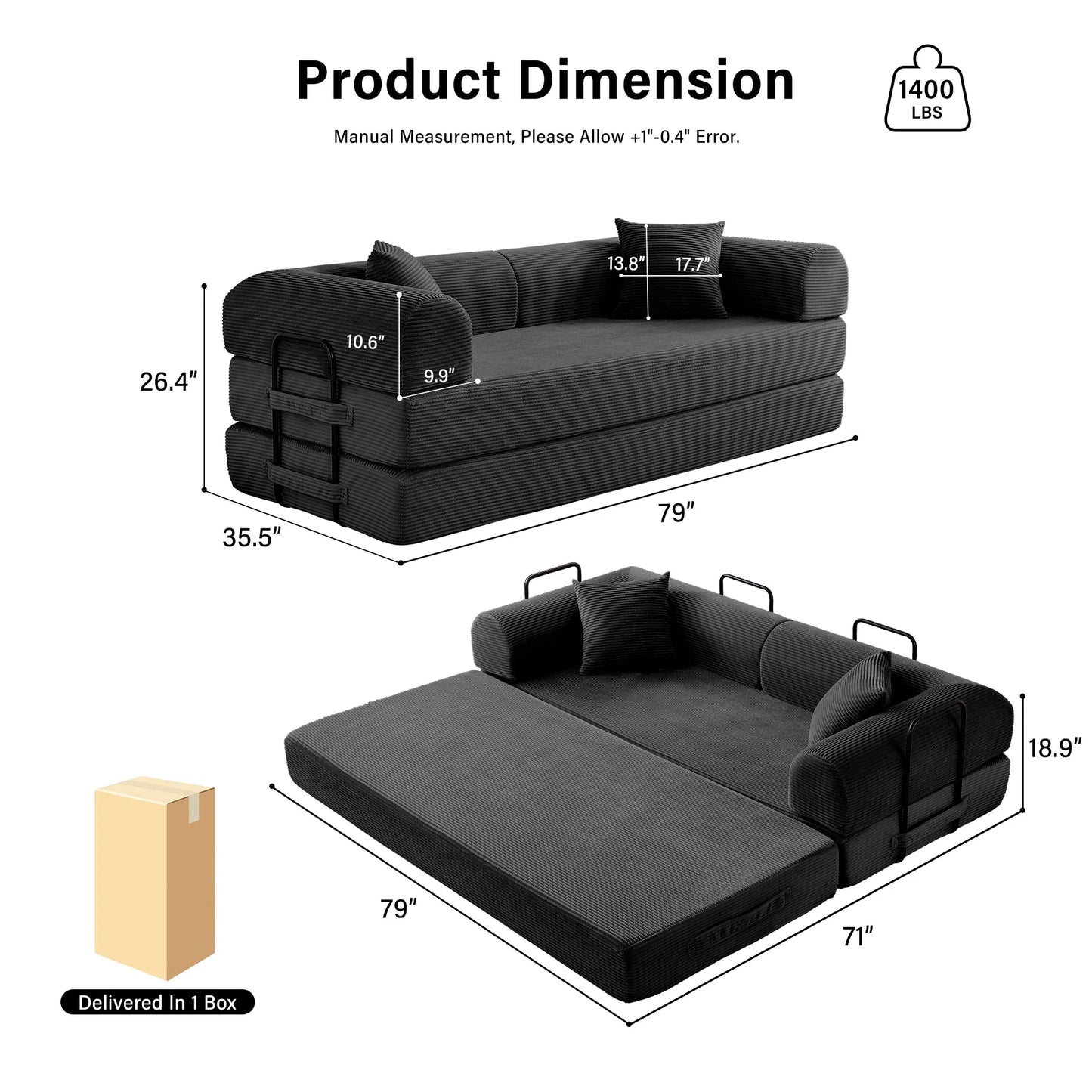 79'' Boneless Couch Foldable Convertible Futon Sleeper Sofa