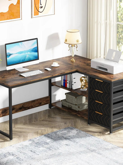 L-Shaped Computer Desk with Storage Drawer and Shelves