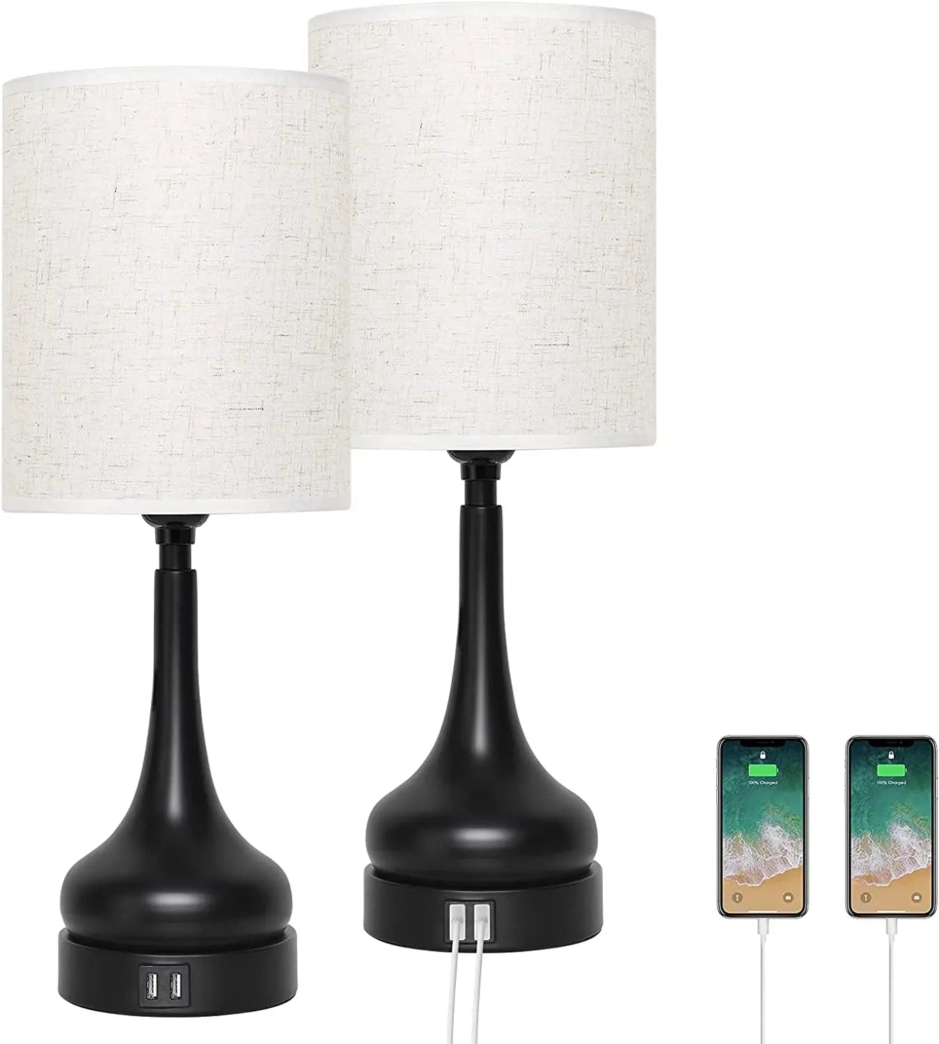Set of 2 Table Lamps with Touch Control and USB Charging Ports