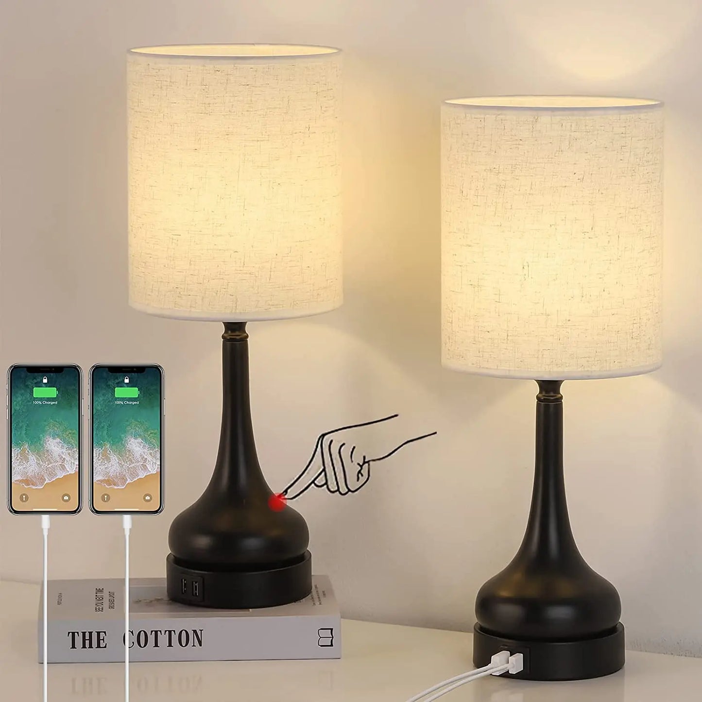 Set of 2 Table Lamps with Touch Control and USB Charging Ports