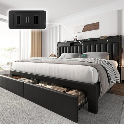 King/Queen/Full Bed Frame with 4 Storage Drawers