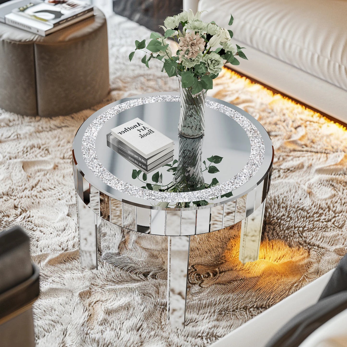 24" Crushed Crystal Round Mirrored Coffee/Accent Table