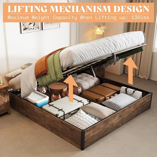Lift Up Storage Bed, King/Queen/Full Bed Frame with Storage Underneath