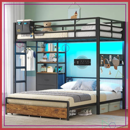 Twin Over Full Bunk Bed with LED Lights, Charging Station, 4 Drawers & Bookshelf