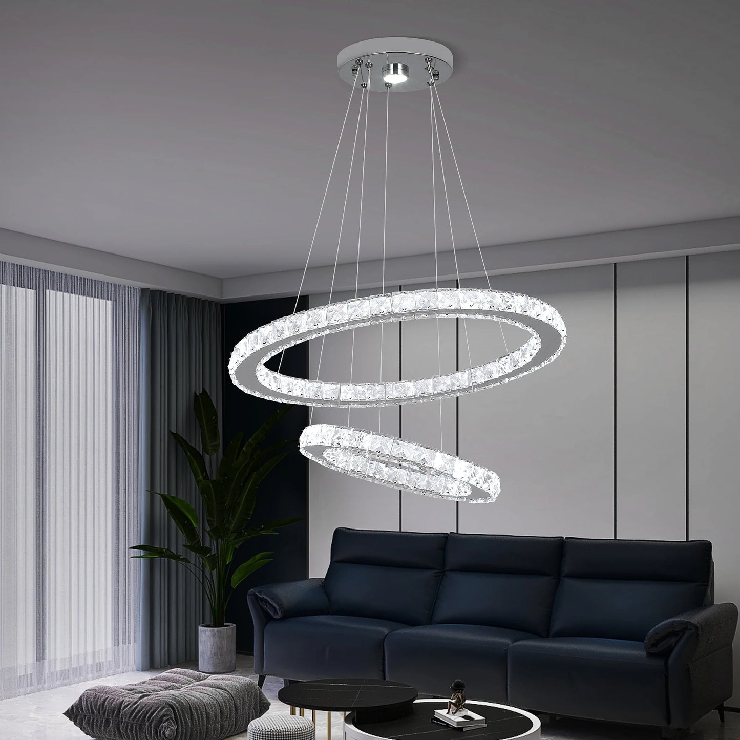 Dimmable LED Pendant Crystal Rings Chandelier