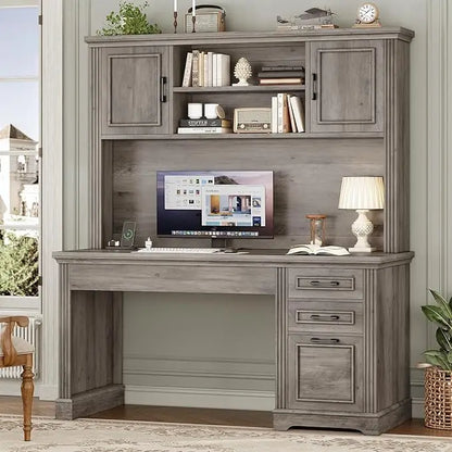Executive Computer Desk with 3 Storage Drawers and Hutch Cabinet