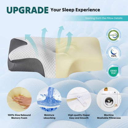 Ergonomic 23.6" x 13.8" Wide Cervical Neck Pillow Memory Foam Pillow with Cooling Pillowcase Cervical Contour Pillows