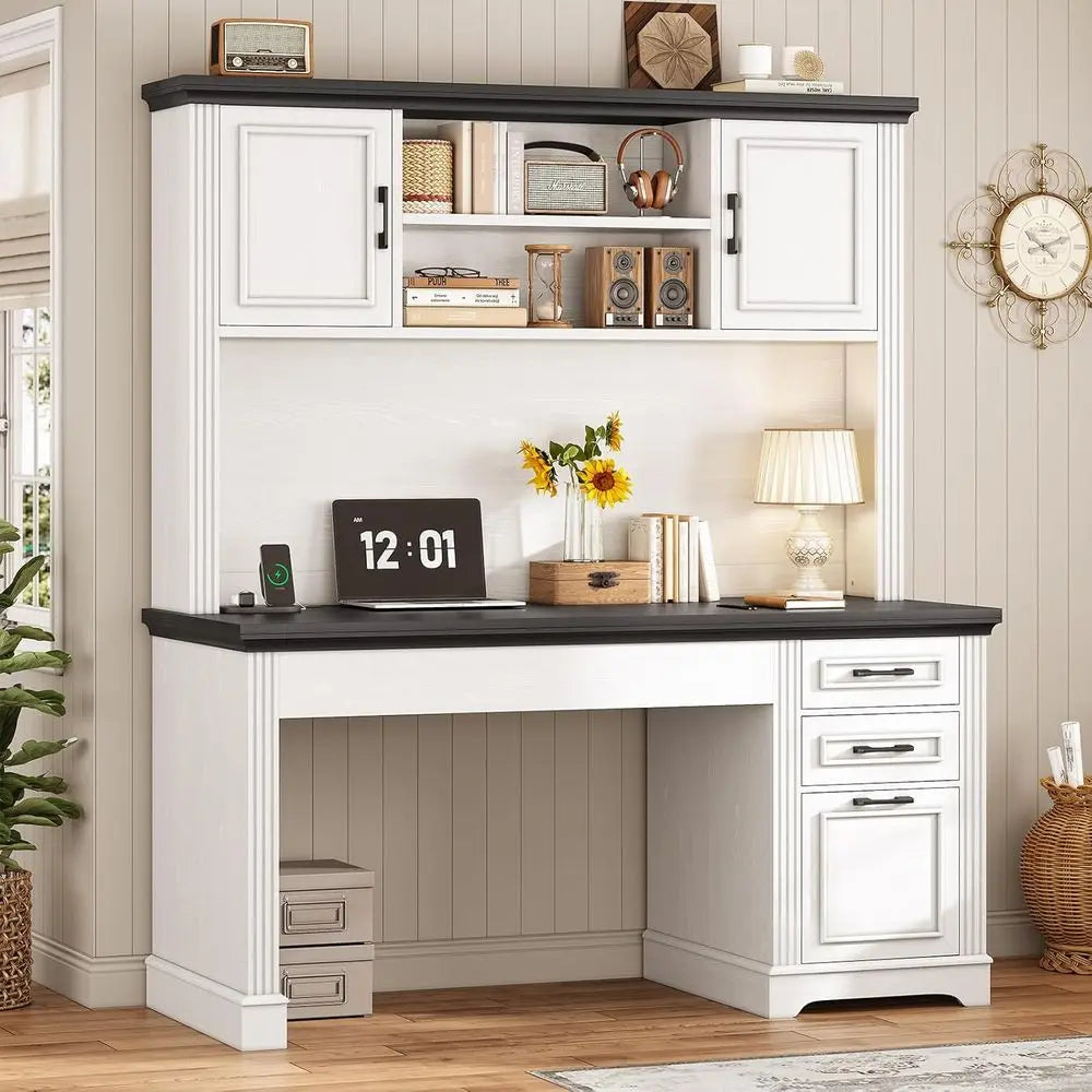 Executive Computer Desk with 3 Storage Drawers and Hutch Cabinet