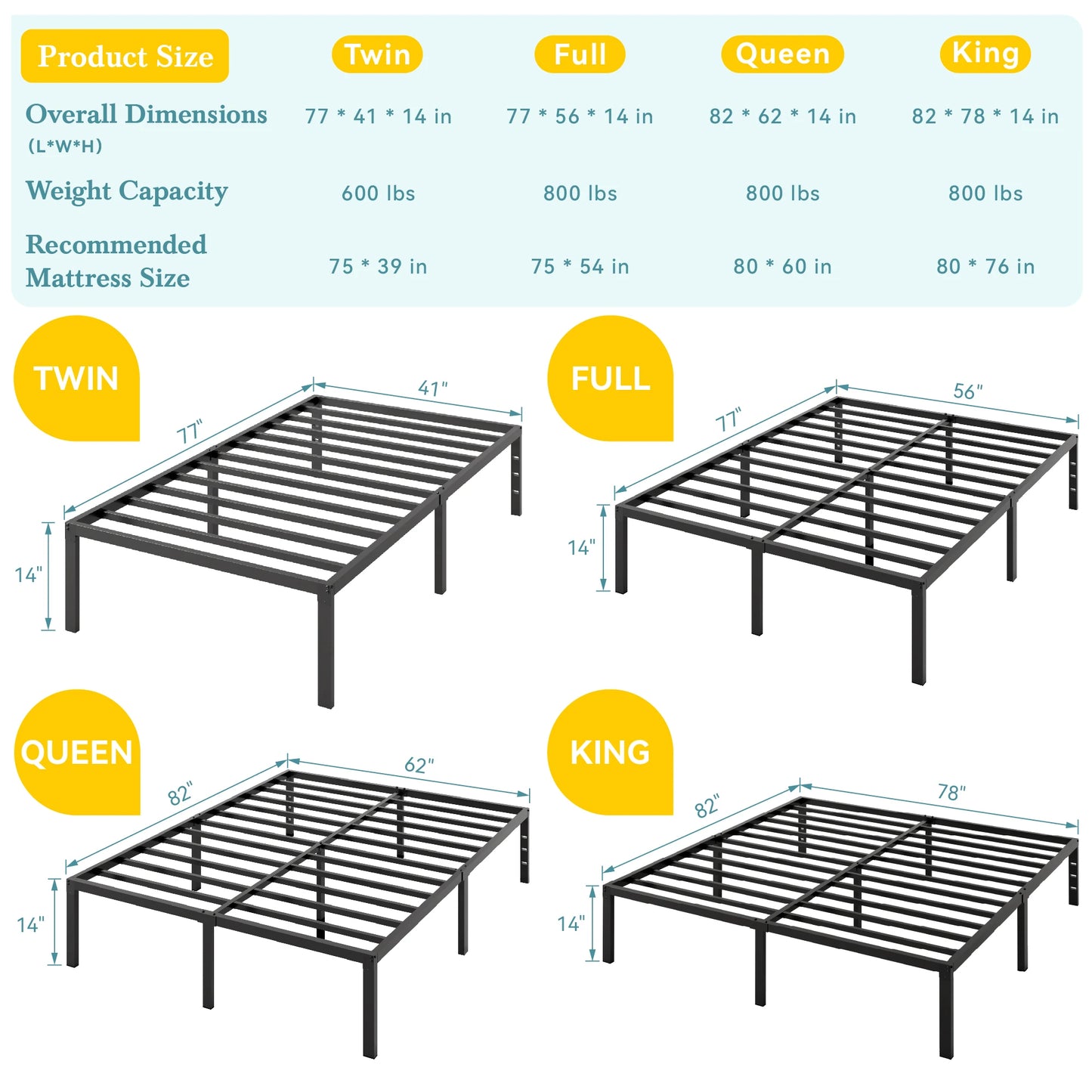 Twin/Full/Queen/King Heavy-Duty Metal Bed Frame with 14 Inch Under-Bed Storage