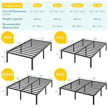 Twin/Full/Queen/King Heavy-Duty Metal Bed Frame with 14 Inch Under-Bed Storage