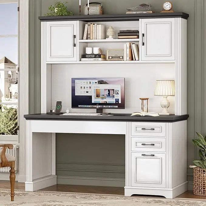 Executive Computer Desk with 3 Storage Drawers and Hutch Cabinet