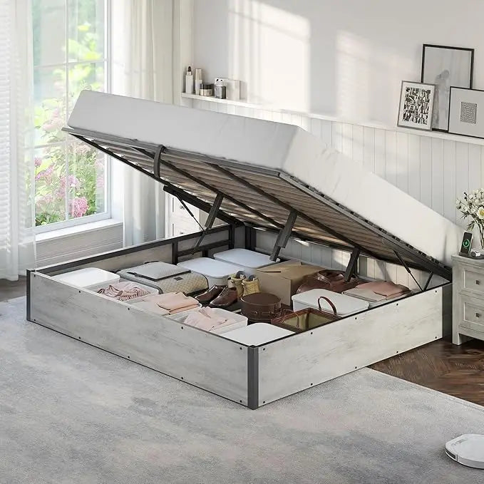 Lift Up Storage Bed, King/Queen/Full Bed Frame with Storage Underneath