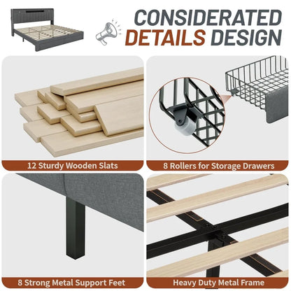 King/Queen/Full Bed Frame with 4 Storage Drawers