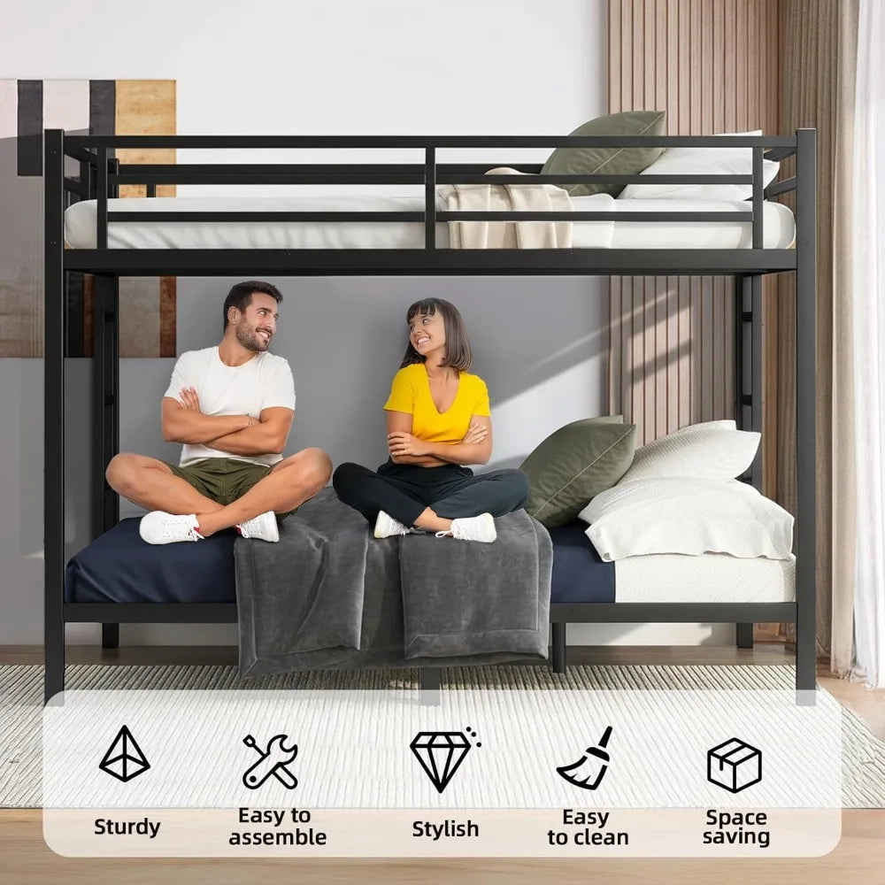 Heavy Duty Queen Over Queen Bunk Bed Frame, 400/600LB Capacity, Noise-Free Steel Slats, Black