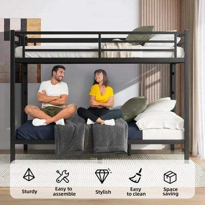 Heavy Duty Queen Over Queen Bunk Bed Frame, 400/600LB Capacity, Noise-Free Steel Slats, Black