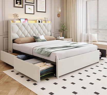 Beige Queen Size Bed Frame with 4 Drawers & Storage Headboard