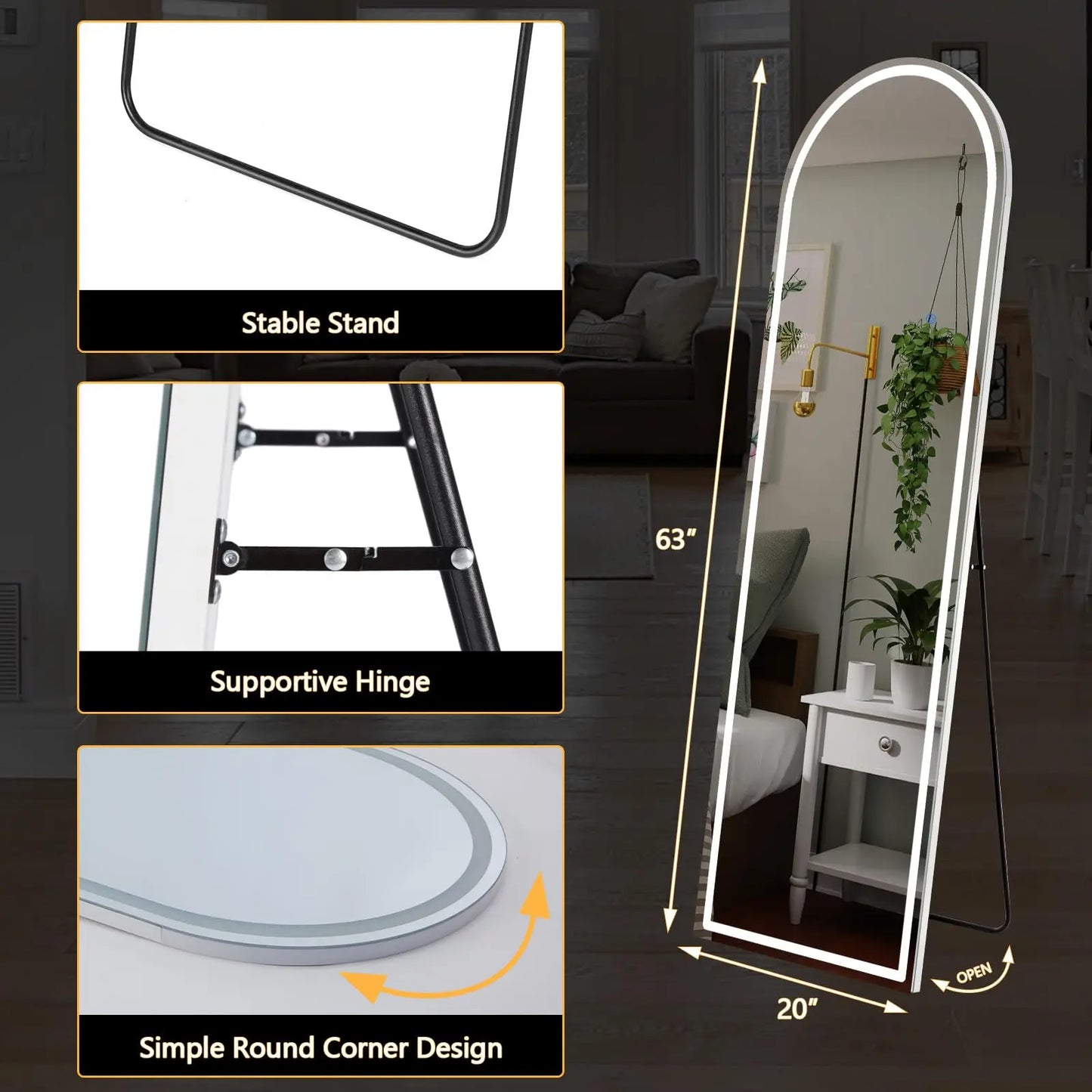 63"x20"  3 Color Led Full Length Mirror