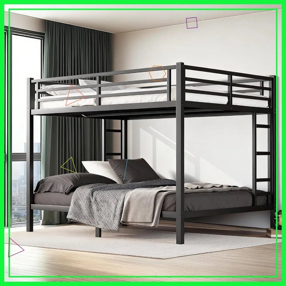 Heavy Duty Queen Over Queen Bunk Bed Frame, 400/600LB Capacity, Noise-Free Steel Slats, Black