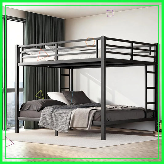Heavy Duty Queen Over Queen Bunk Bed Frame, 400/600LB Capacity, Noise-Free Steel Slats, Black