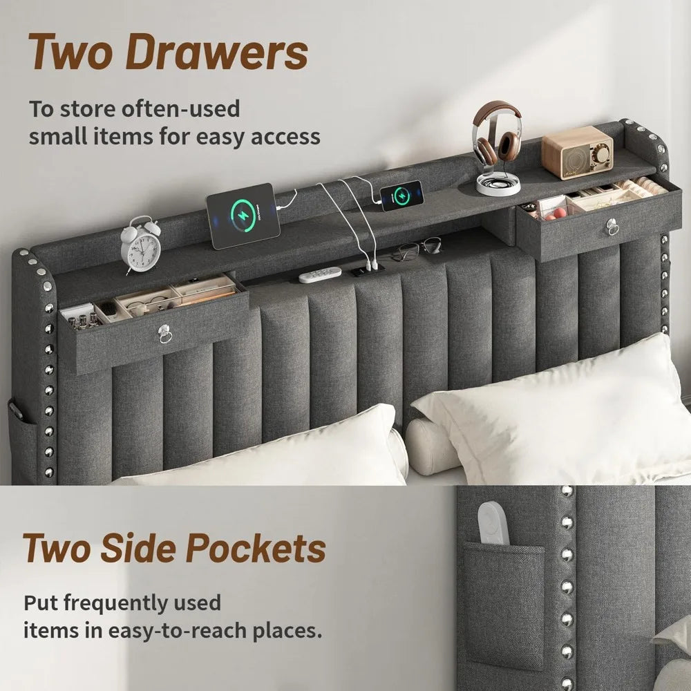 King/Queen/Full Bed Frame with 4 Storage Drawers