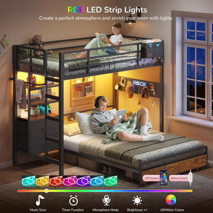 Twin Over Full Bunk Bed with LED Lights, Charging Station, 4 Drawers & Bookshelf