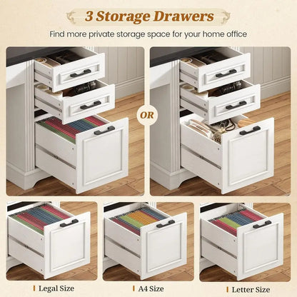 Executive Computer Desk with 3 Storage Drawers and Hutch Cabinet