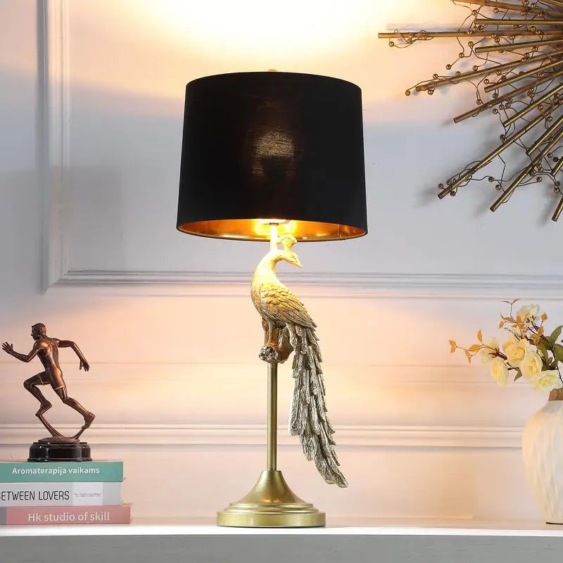 29" Modern Elegant Golden Peacock Table Lamp on Pedestal