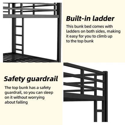 Heavy Duty Queen Over Queen Bunk Bed Frame, 400/600LB Capacity, Noise-Free Steel Slats, Black